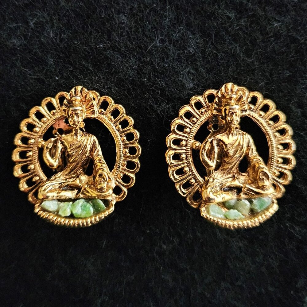 Vintage Buddha "Tara" Clip On Earrings- Gold Tone W/Faux Jade